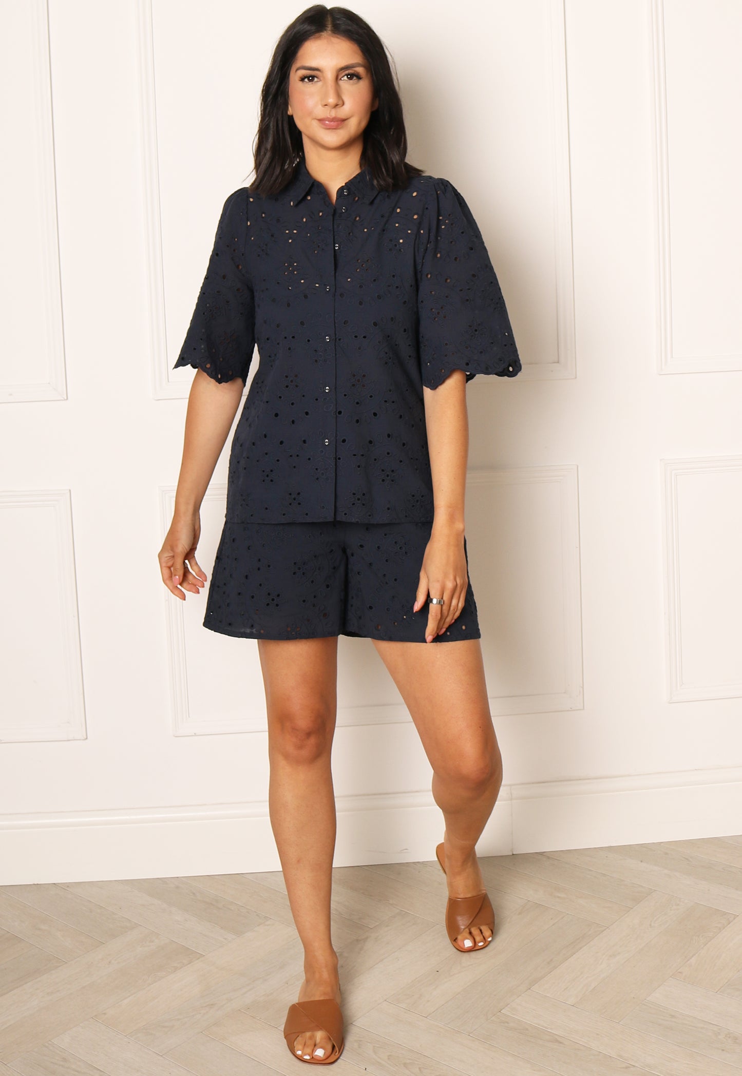 
                  
                    VERO MODA Hay Broderie Anglaise Lace Cotton Co-ord Shorts in Navy Blue - One Nation Clothing
                  
                