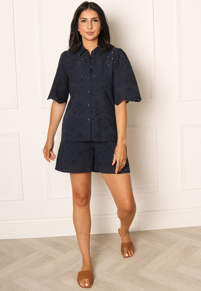 VERO MODA Hay Broderie Anglaise Lace Short Sleeve Co-ord Shirt in Navy Blue - One Nation Clothing