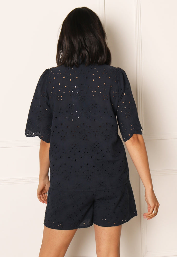 
                  
                    VERO MODA Hay Broderie Anglaise Lace Cotton Co-ord Shorts in Navy Blue - One Nation Clothing
                  
                
