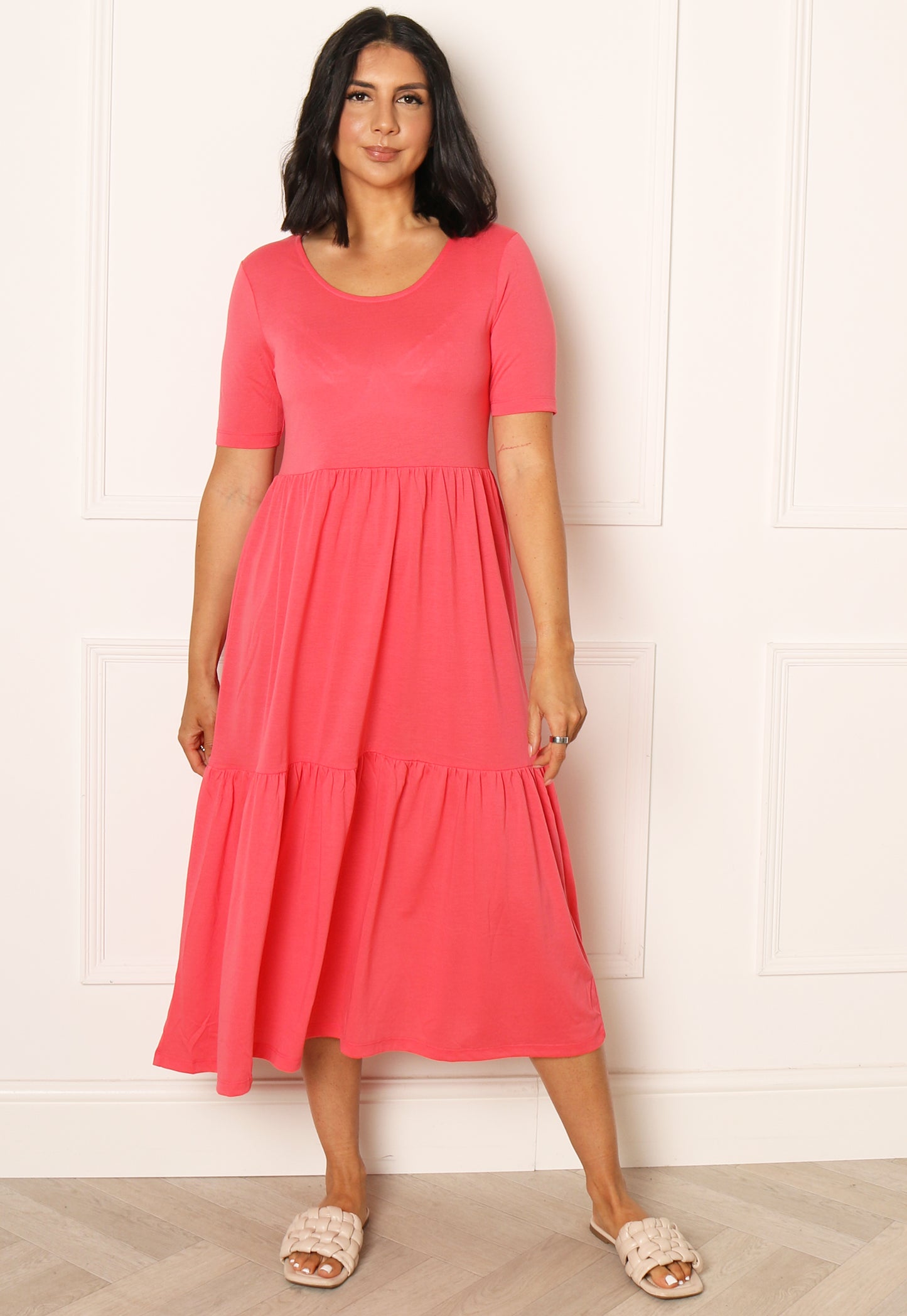 JDY Tiered Jersey Midi Summer Dress in Coral Pink - One Nation Clothing