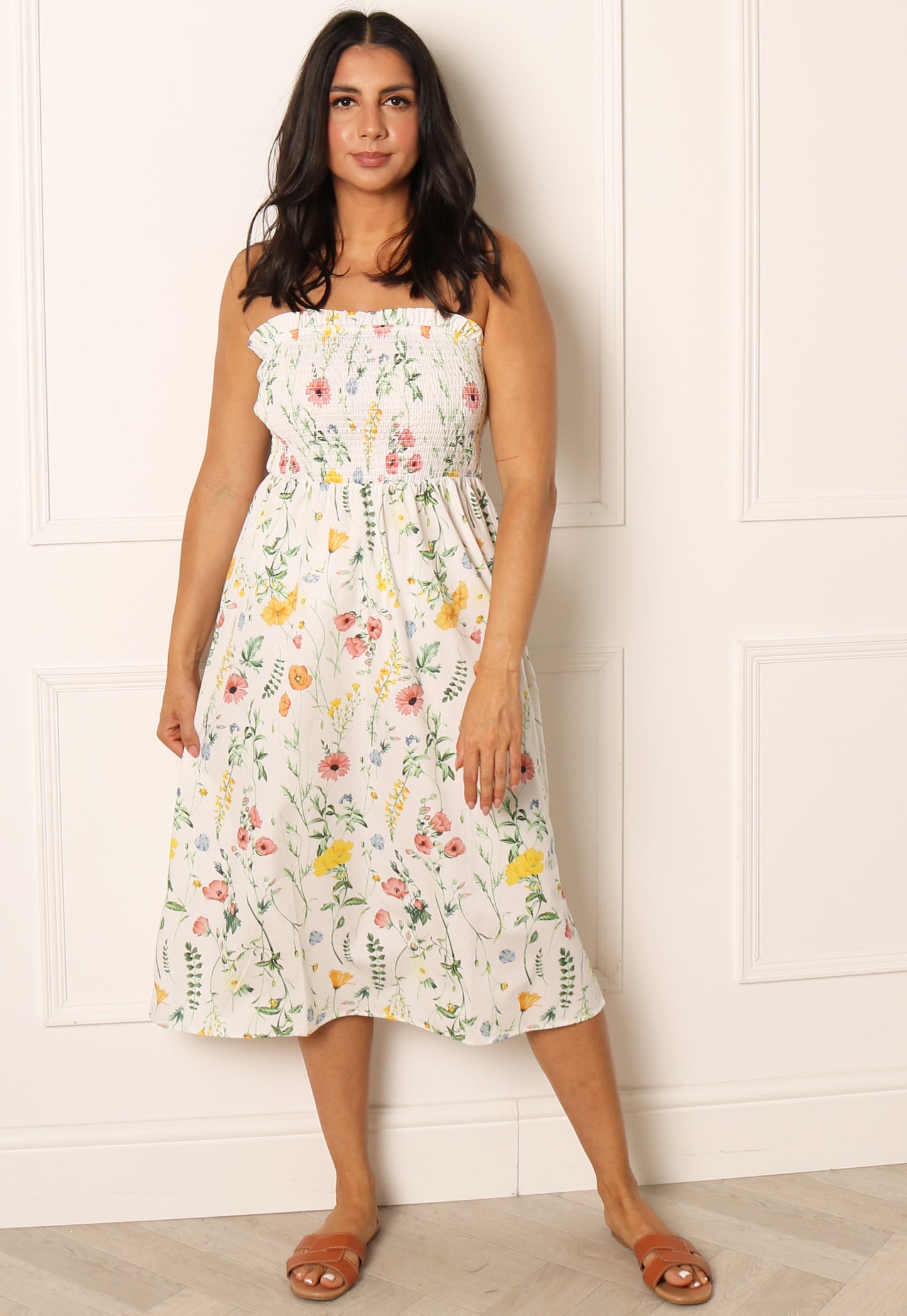 VILA Capro Floral Shirred Bandeau Cotton Midi Sun Dress in White, Yellow & Pink Tones - One Nation Clothing