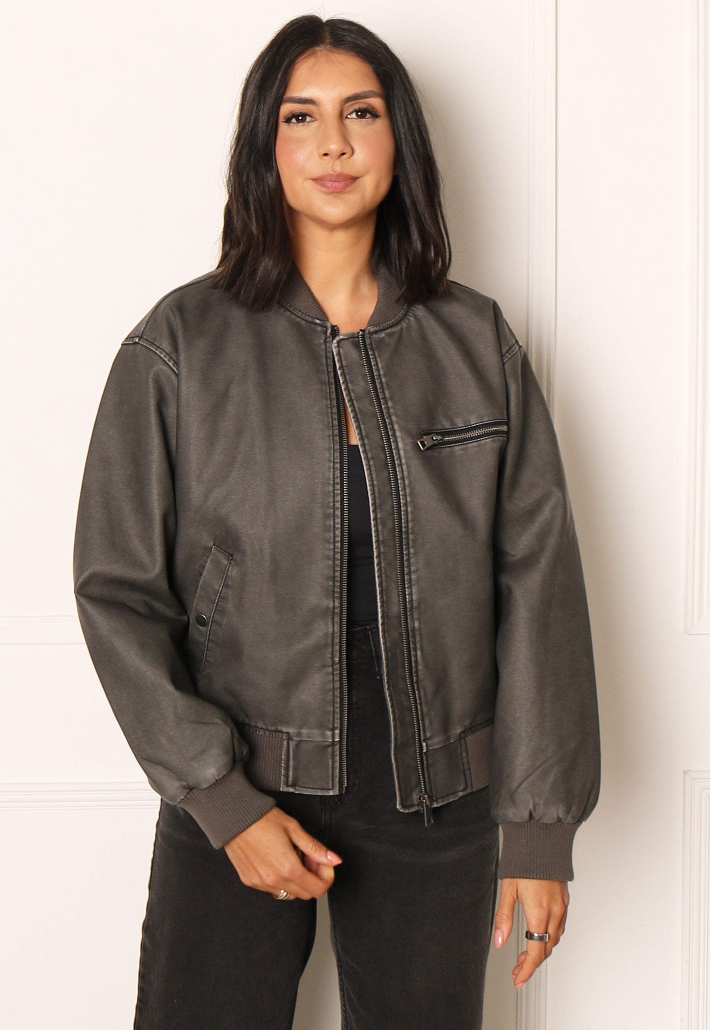 VERO MODA Ivy Vintage Look Faux Leather Bomber Jacket in Washed Black - One Nation Clothing
