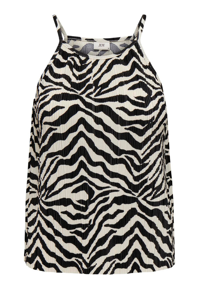 JDY Bravo Zebra Print Plisse Racer Strappy Vest Top in Black & Cream - One Nation Clothing