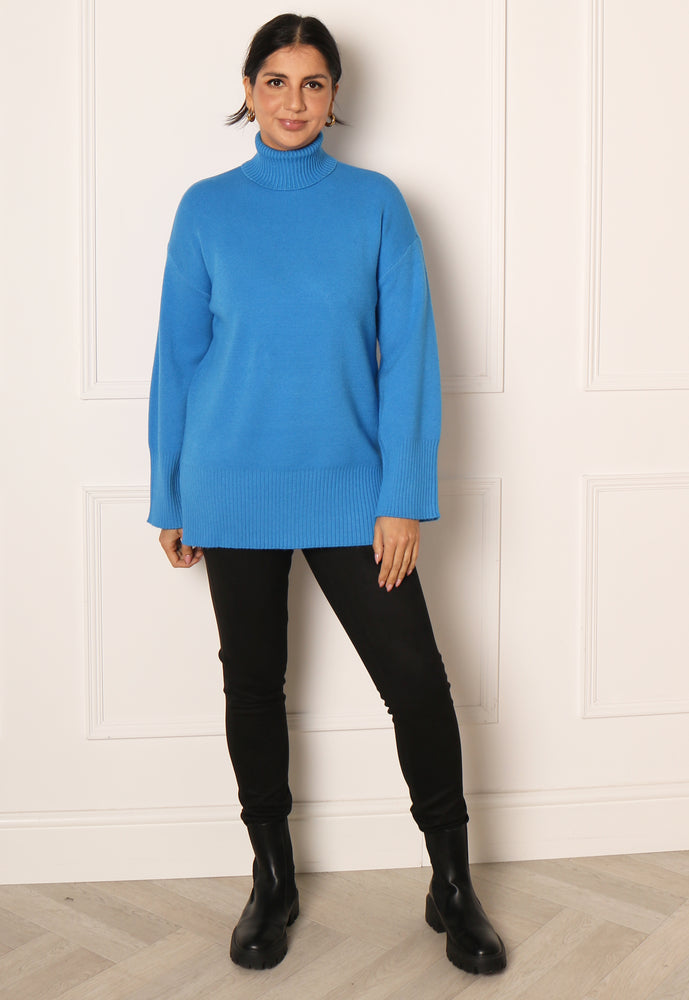 VERO MODA Gold Soft Knit Rollneck Longline Jumper with Side Splits in French Blue - One Nation Clothing