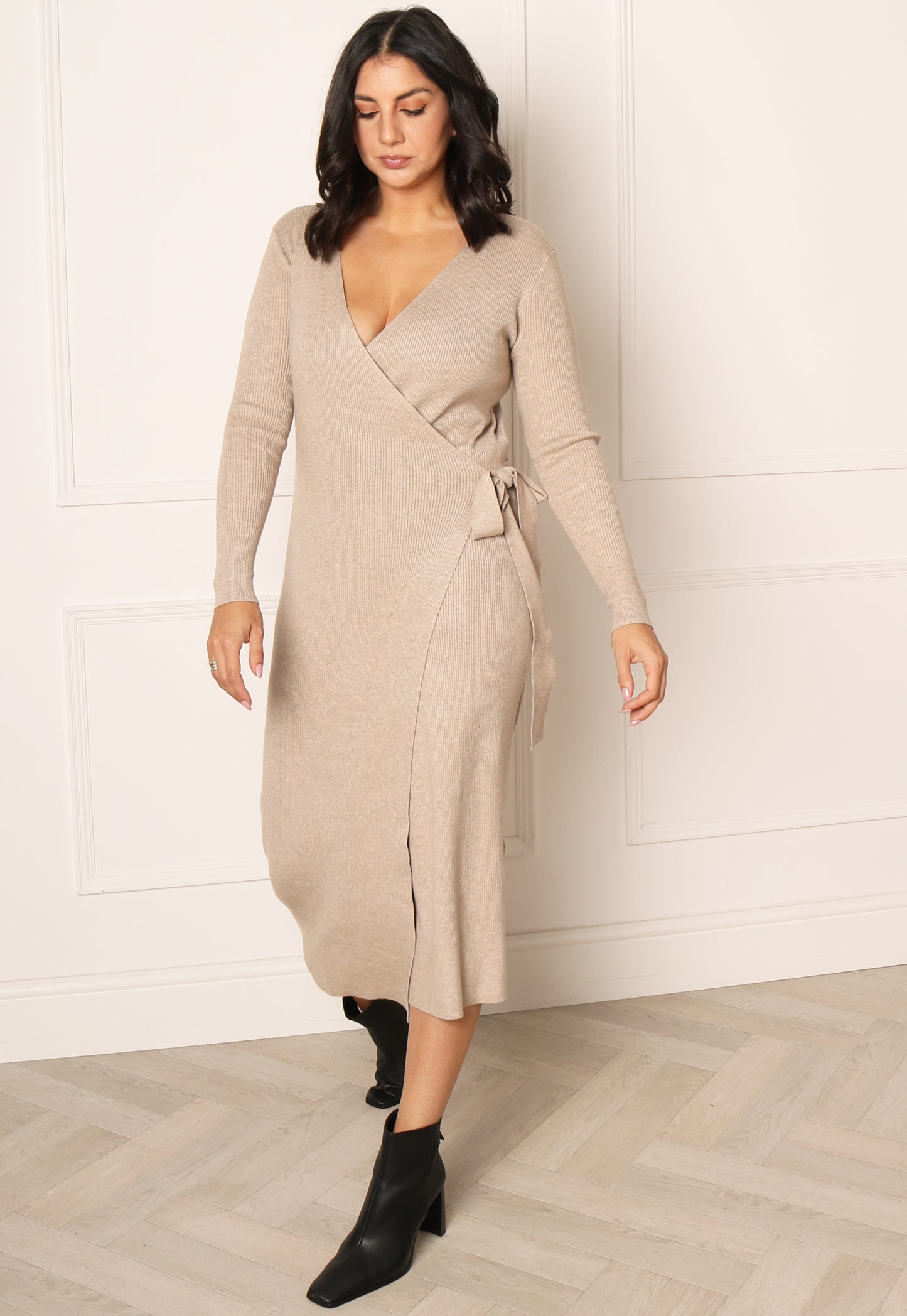 VILA Comfy Luxe Wrap Knitted Ribbed Midi Dress in Natural Melange - One Nation Clothing