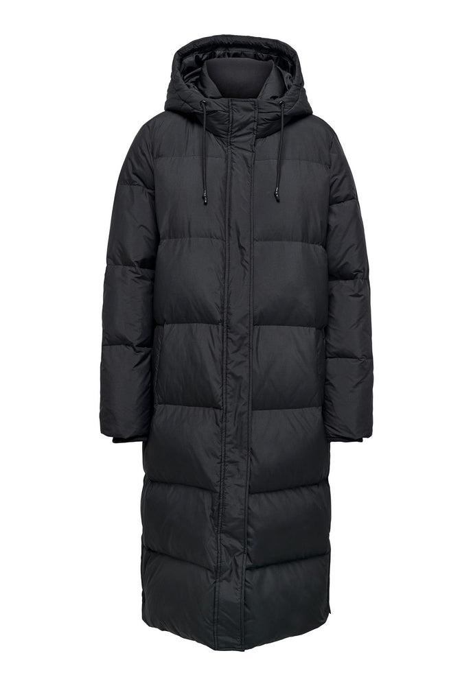 ONLY Premium Alice Maxi Longline Down Puffer Coat with Hood in Black - One Nation Clothing
