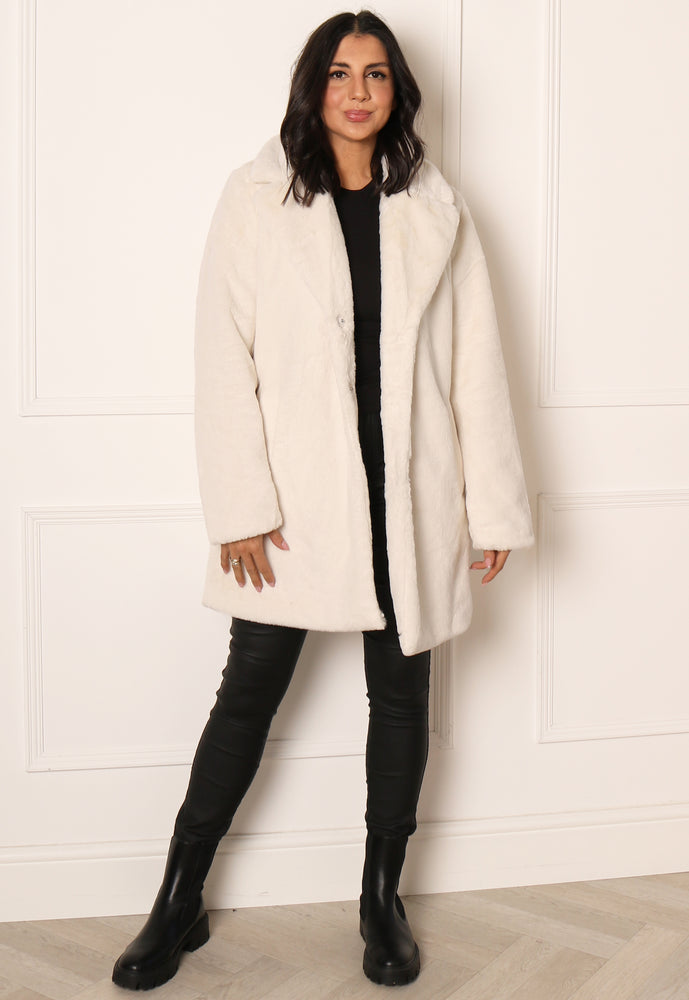 VILA New Ebba Vintage Style Faux Fur Midi Coat with Collar in Soft Cream - One Nation Clothing