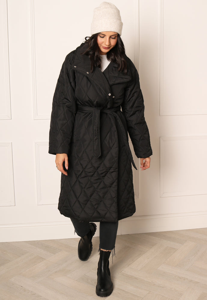 
                  
                    JDY Triton Diamond Quilted Midi Coat with High Neck & Belt in Black - One Nation Clothing
                  
                
