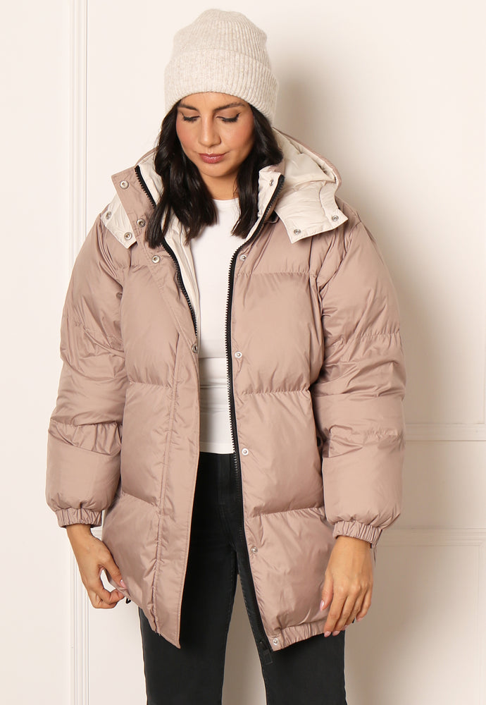 
                  
                    ONLY Premium Vilma Longline Thigh Length Down Puffer Coat with Hood in Beige - One Nation Clothing
                  
                