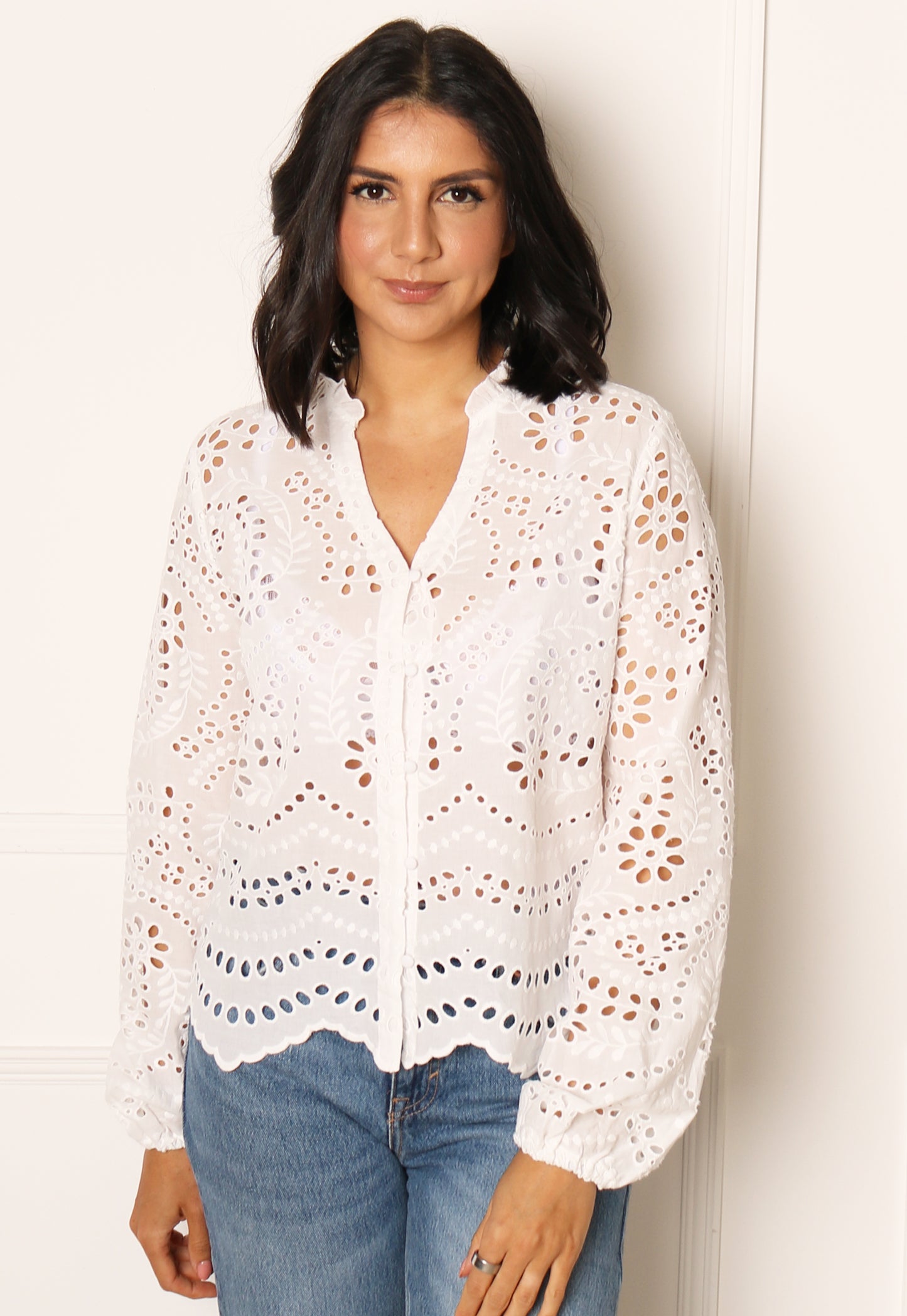 ONLY Lalisa Broderie Anglaise Lace Long Sleeve Blouse Shirt in White - One Nation Clothing