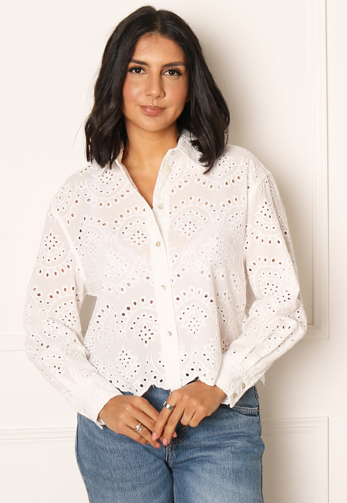 
                  
                    ONLY Valais Broderie Anglaise Lace Long Sleeve Shirt in White - One Nation Clothing
                  
                