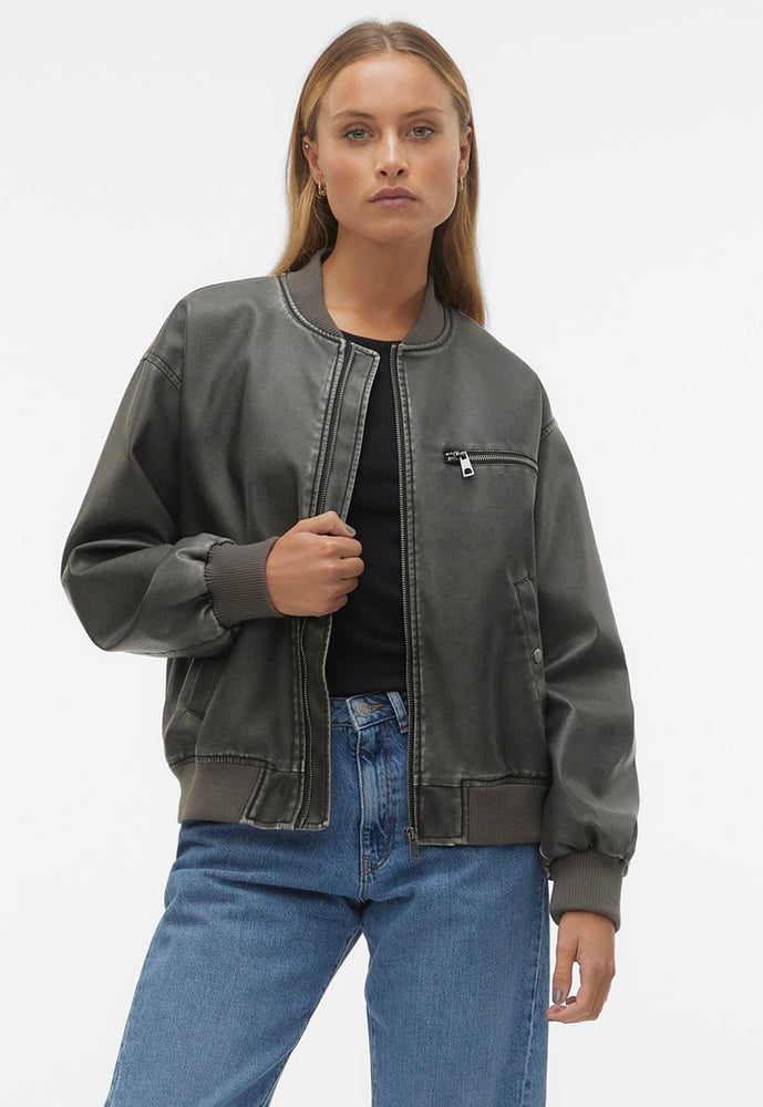 VERO MODA Ivy Vintage Look Faux Leather Bomber Jacket in Washed Black - One Nation Clothing