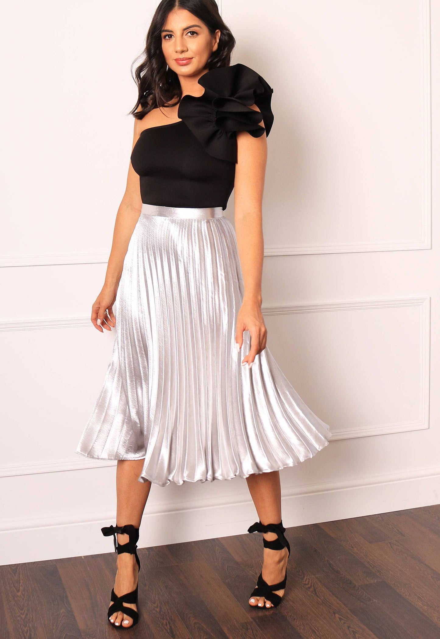 
                  
                    Metallic Satin Pleated High Waisted Midi Skirt in Silver - One Nation Clothing
                  
                