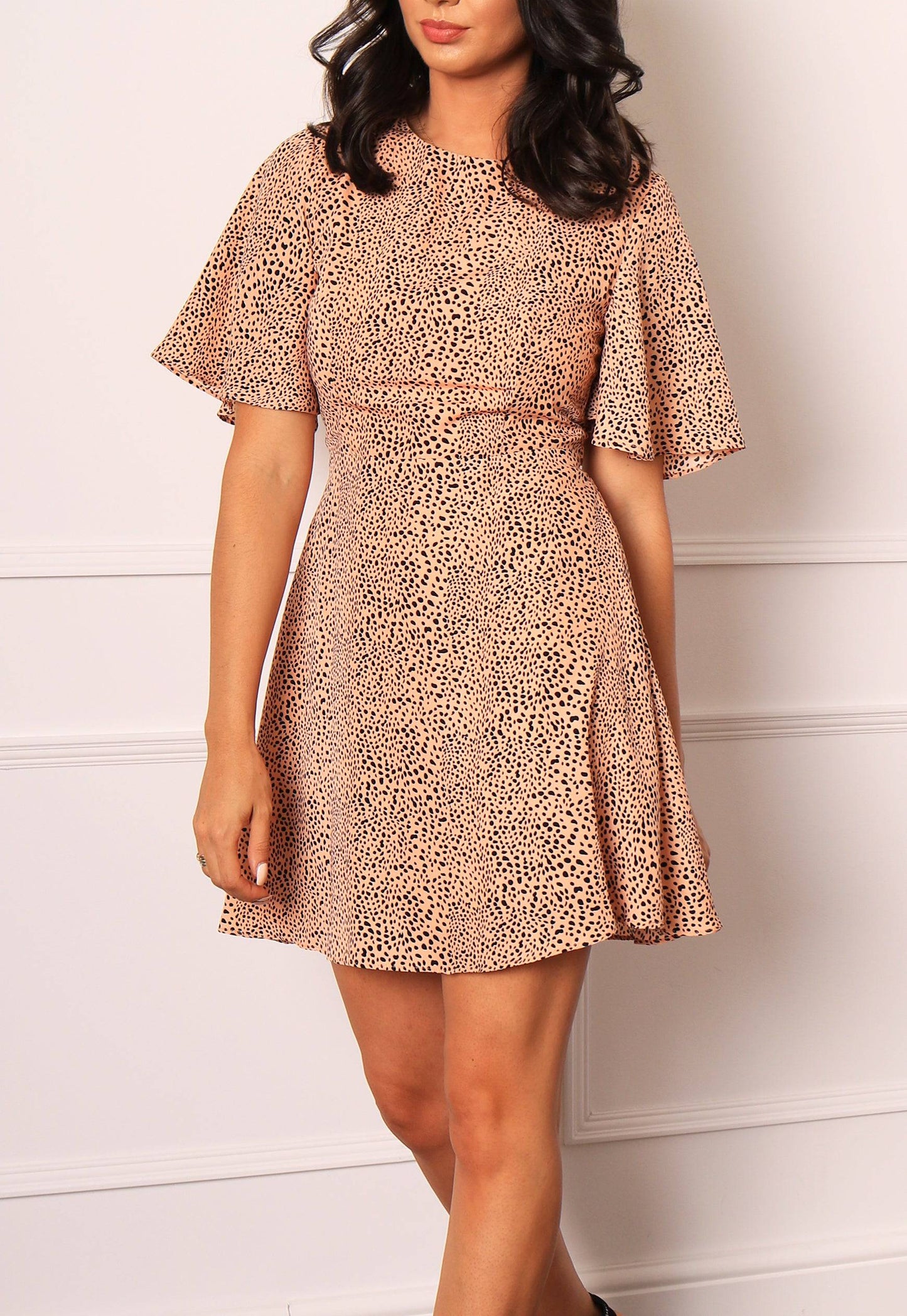 Dalmatian Print Fit & Flare Mini Dress with Short Angel Sleeve in Nude & Black - One Nation Clothing