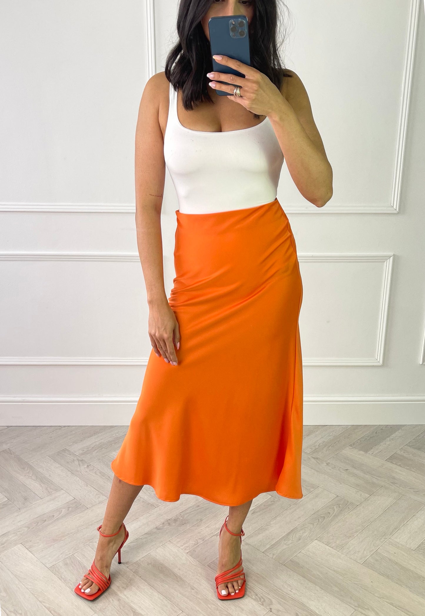VILA Michu Bias Cut Satin Midi Slip Skirt in Bright Orange - One Nation Clothing