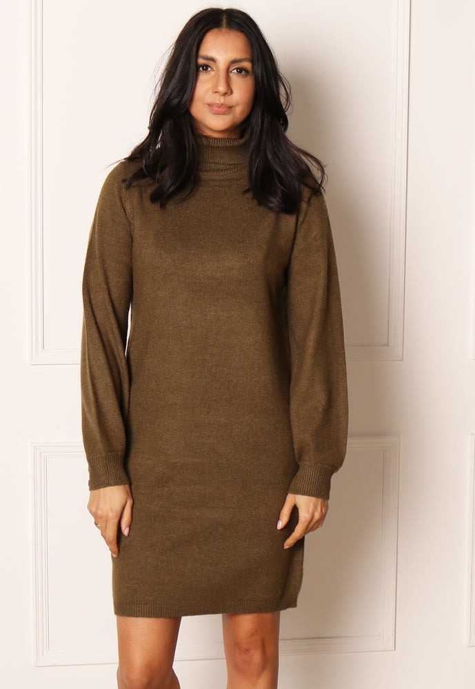 JDY Marco Knitted Rollneck Longline Tunic Jumper Dress in Khaki Green - One Nation Clothing