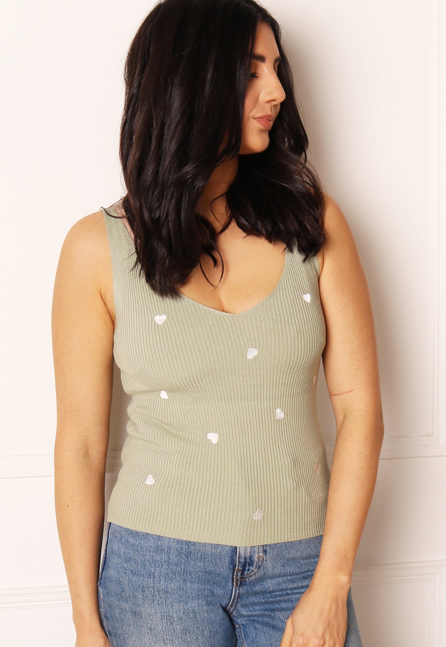 JDY Heart Embroidered Ribbed Knit V Neck Tank Top Vest in Sage Green & White - One Nation Clothing