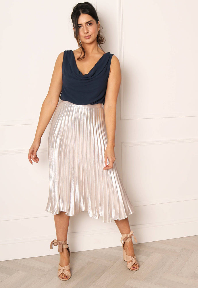 Metallic Satin Pleated High Waisted Midi Skirt in Silver - One Nation Clothing