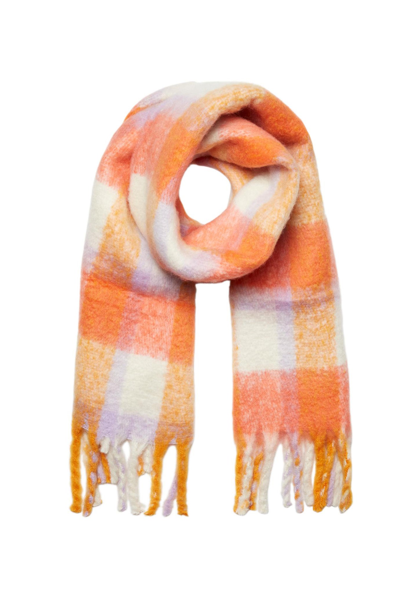 VERO MODA Oversized Brushed Check Scarf with Tassels in Orange & Lilac - One Nation Clothing
