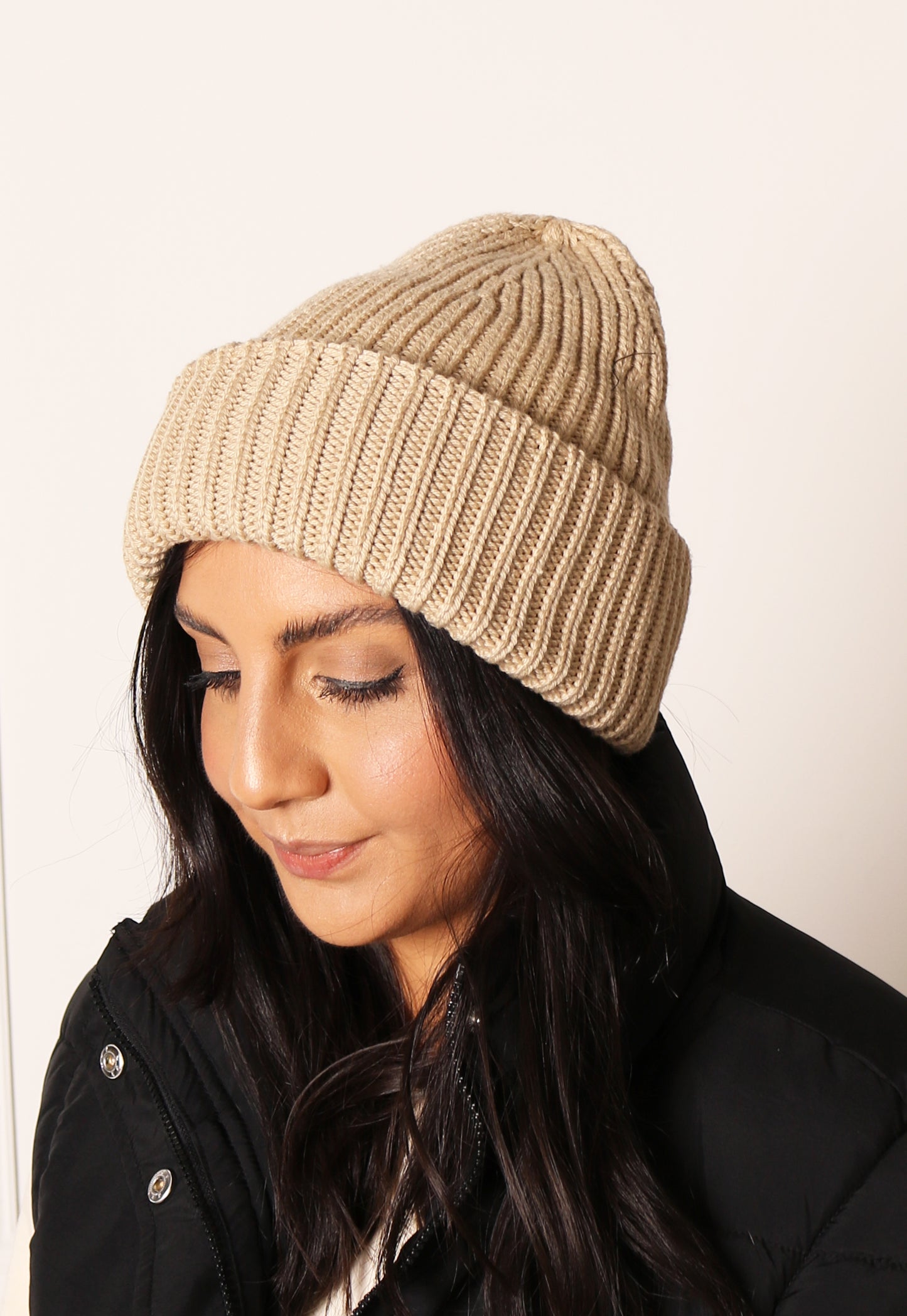 PIECES Juca Fisherman Rib Knit Beanie Hat in Beige - One Nation Clothing
