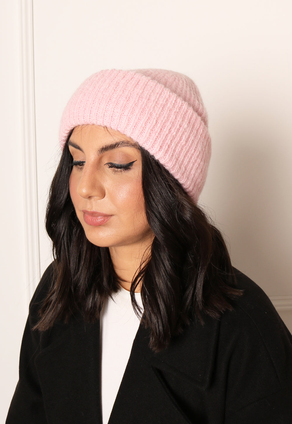 PIECES Fluffy Knit Ribbed Turn Up Beanie Hat in Baby Pink - One Nation Clothing