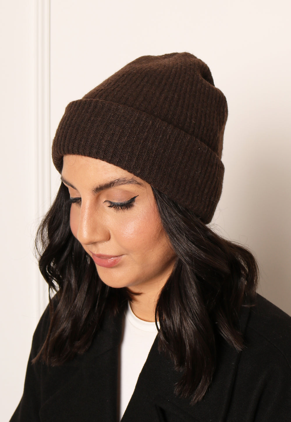 PIECES Cashmere Fluffy Knit Ribbed Turn Up Beanie Hat in Chocolate Brown - One Nation Clothing