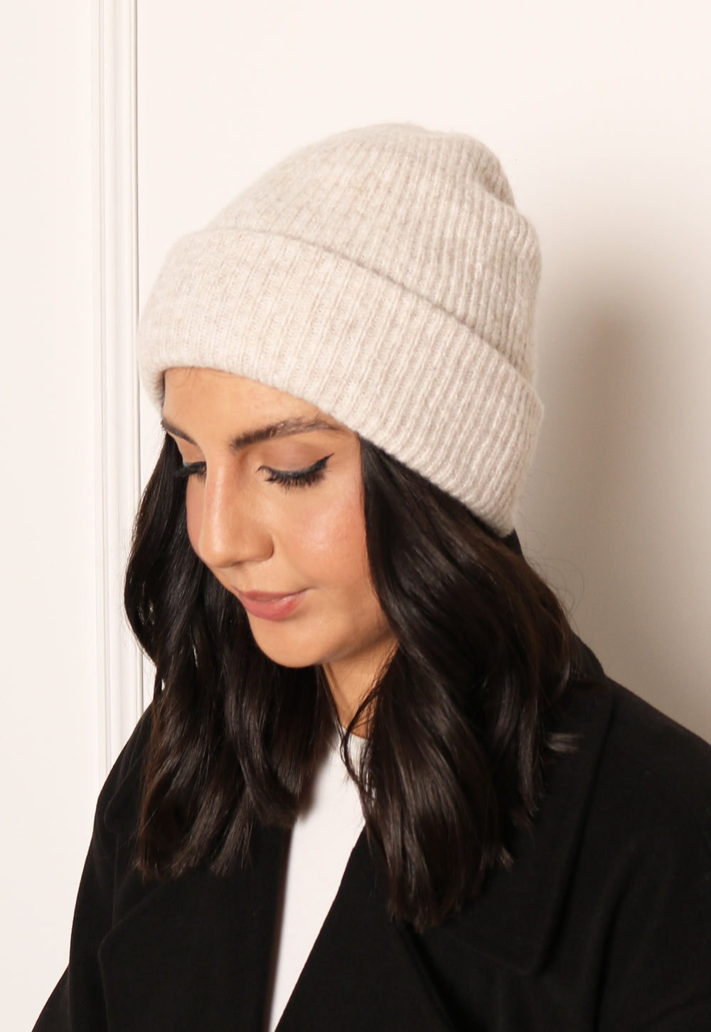 PIECES Cashmere Fluffy Knit Ribbed Turn Up Beanie Hat in Cream Melange - One Nation Clothing