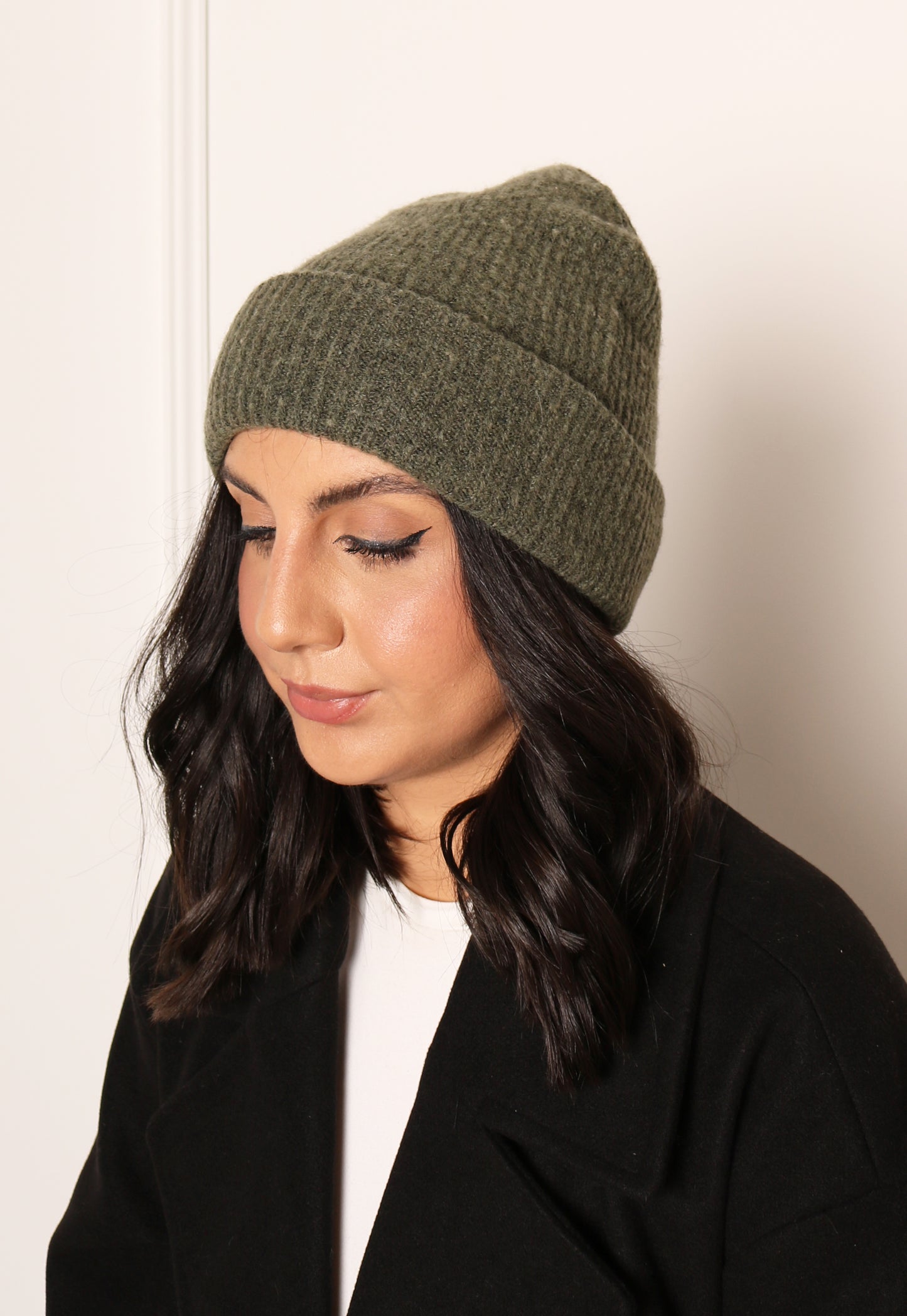 
                  
                    PIECES Cashmere Fluffy Knit Ribbed Turn Up Beanie Hat in Khaki Green - One Nation Clothing
                  
                