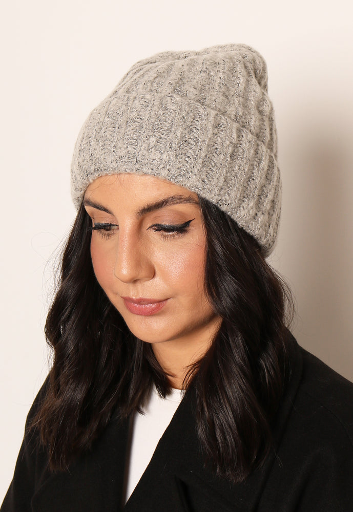 PIECES Fluffy Knit Ribbed Turn Up Beanie Hat in Grey - One Nation Clothing