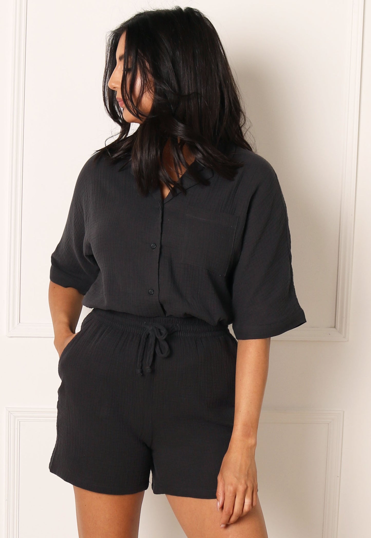 ONLY Thyra High Waisted Pull On Cheesecloth Co-ord Shorts in Washed Black - One Nation Clothing