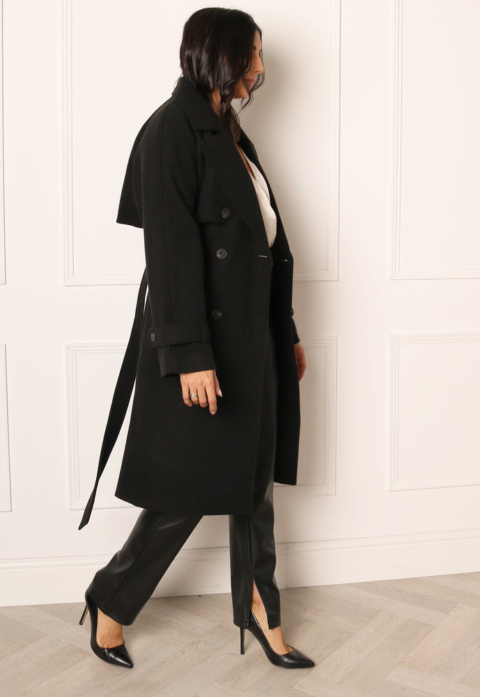 VILA Landra Smart Double Breasted Longline Wool Trench Coat in Black - One Nation Clothing