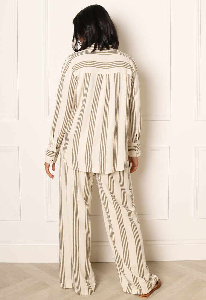 
                  
                    JDY Say High Waisted Wide Leg Stripe Linen Co-ord Trousers with Tie Waist in Beige & Olive Green - One Nation Clothing
                  
                