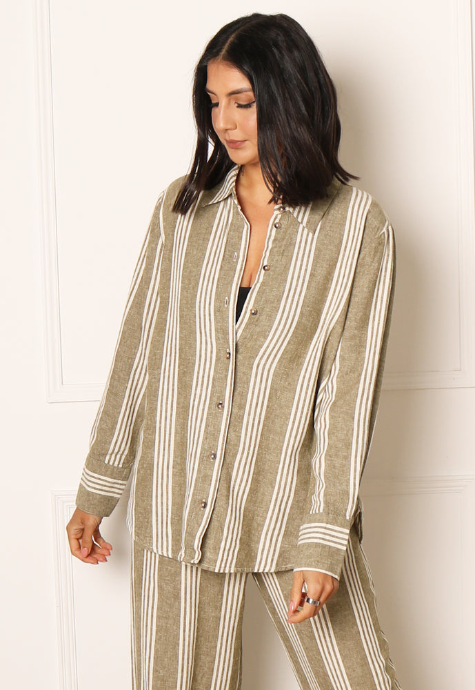 JDY Say Oversized Linen Stripe Co-ord Shirt in Olive Green & Cream - One Nation Clothing