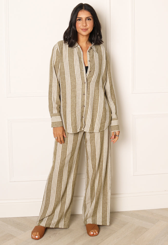 JDY Say High Waisted Wide Leg Stripe Linen Co-ord Trousers with Tie Waist in Olive Green & Cream - One Nation Clothing