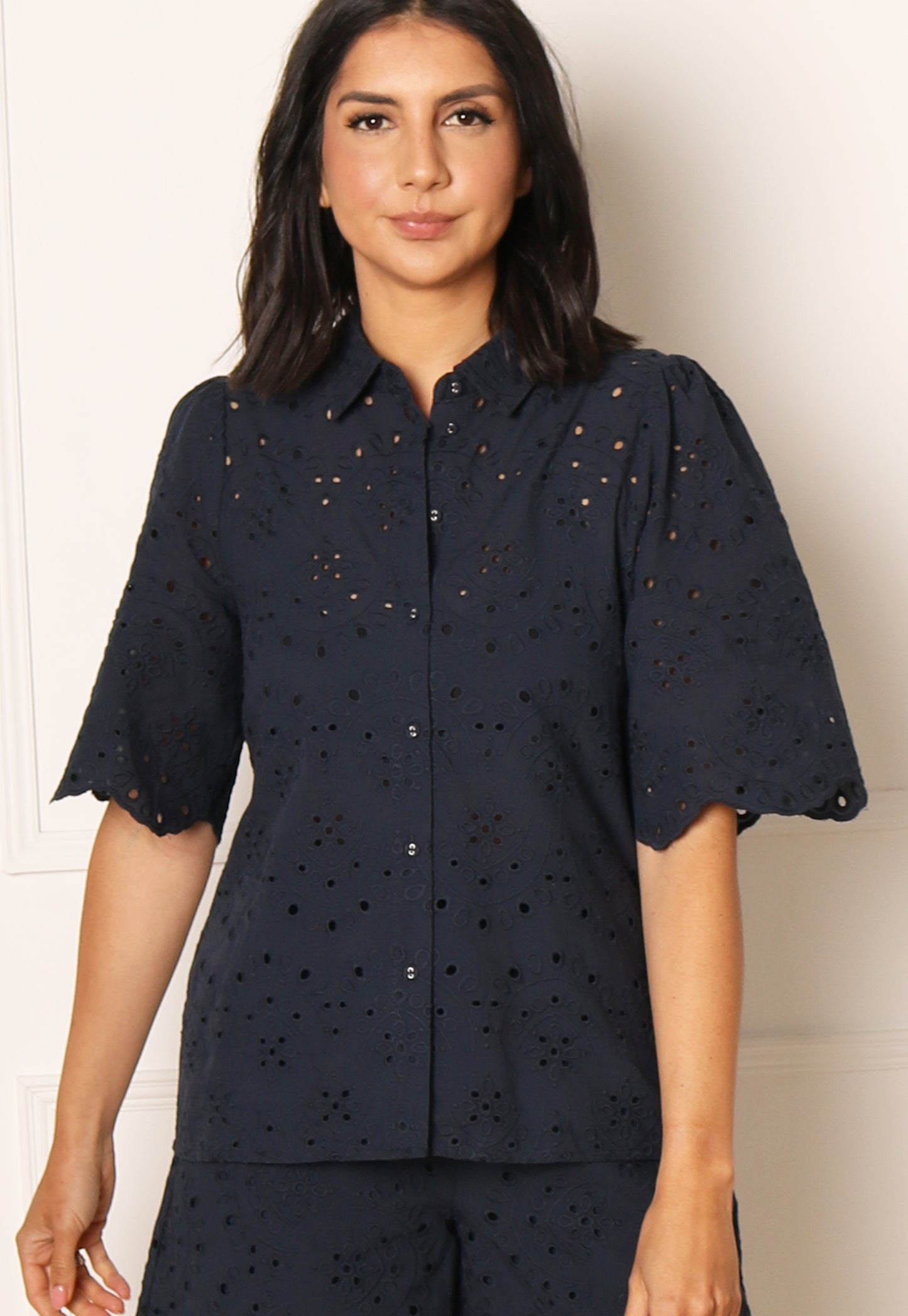 VERO MODA Hay Broderie Anglaise Lace Short Sleeve Co-ord Shirt in Navy Blue - One Nation Clothing