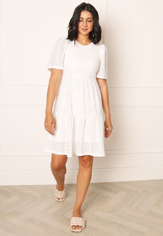 ONLY Broderie Anglaise Short Sleeve Tiered Mini Summer Dress in White - One Nation Clothing