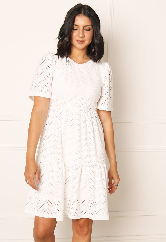 ONLY Broderie Anglaise Short Sleeve Tiered Mini Summer Dress in White - One Nation Clothing