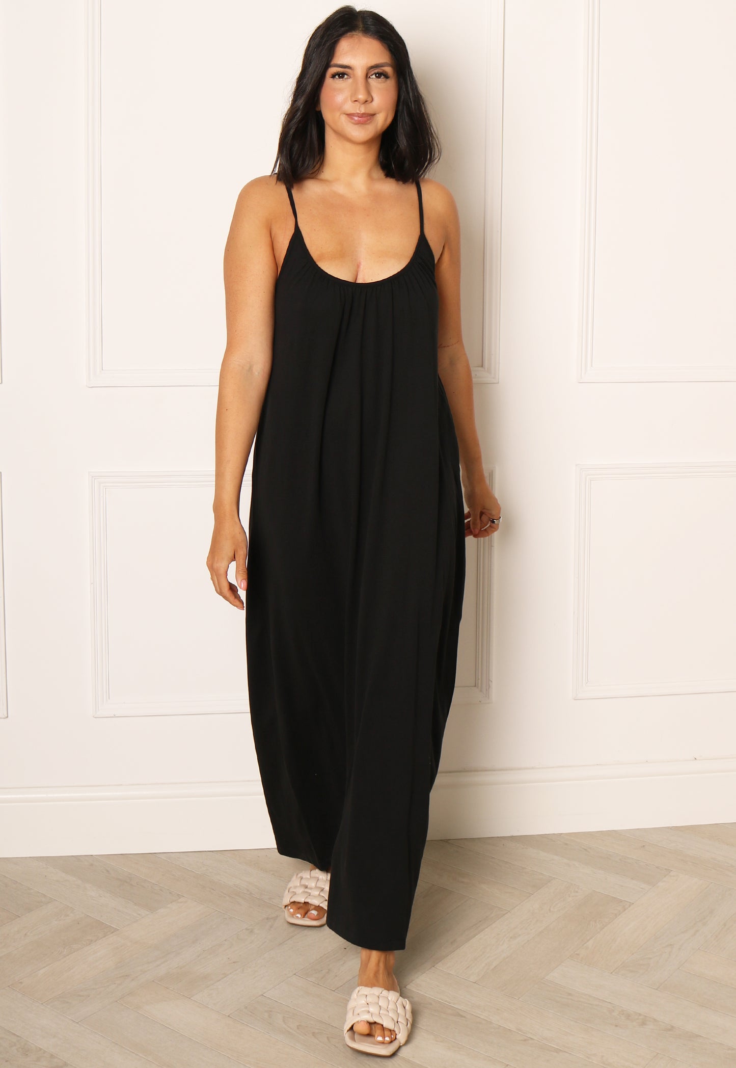 VERO MODA Luna Strappy Jersey Loose Fit Maxi Dress in Black - One Nation Clothing