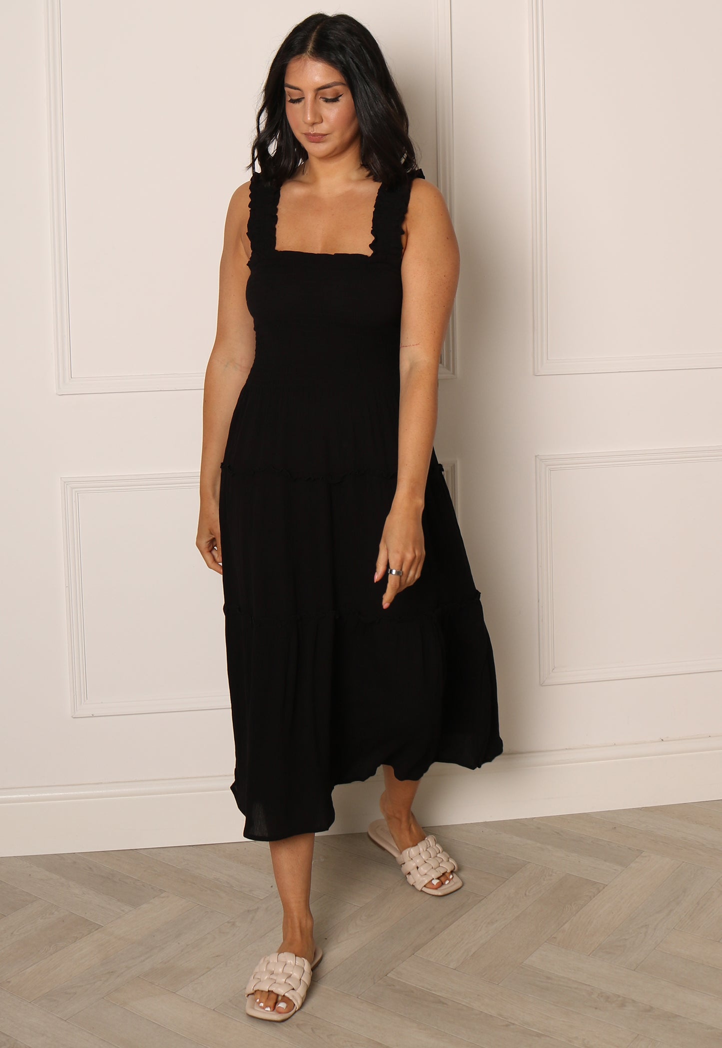 VERO MODA Menny Wide Strap Crinkle Tiered Midi Dres with Shirred Top in Black - One Nation Clothing