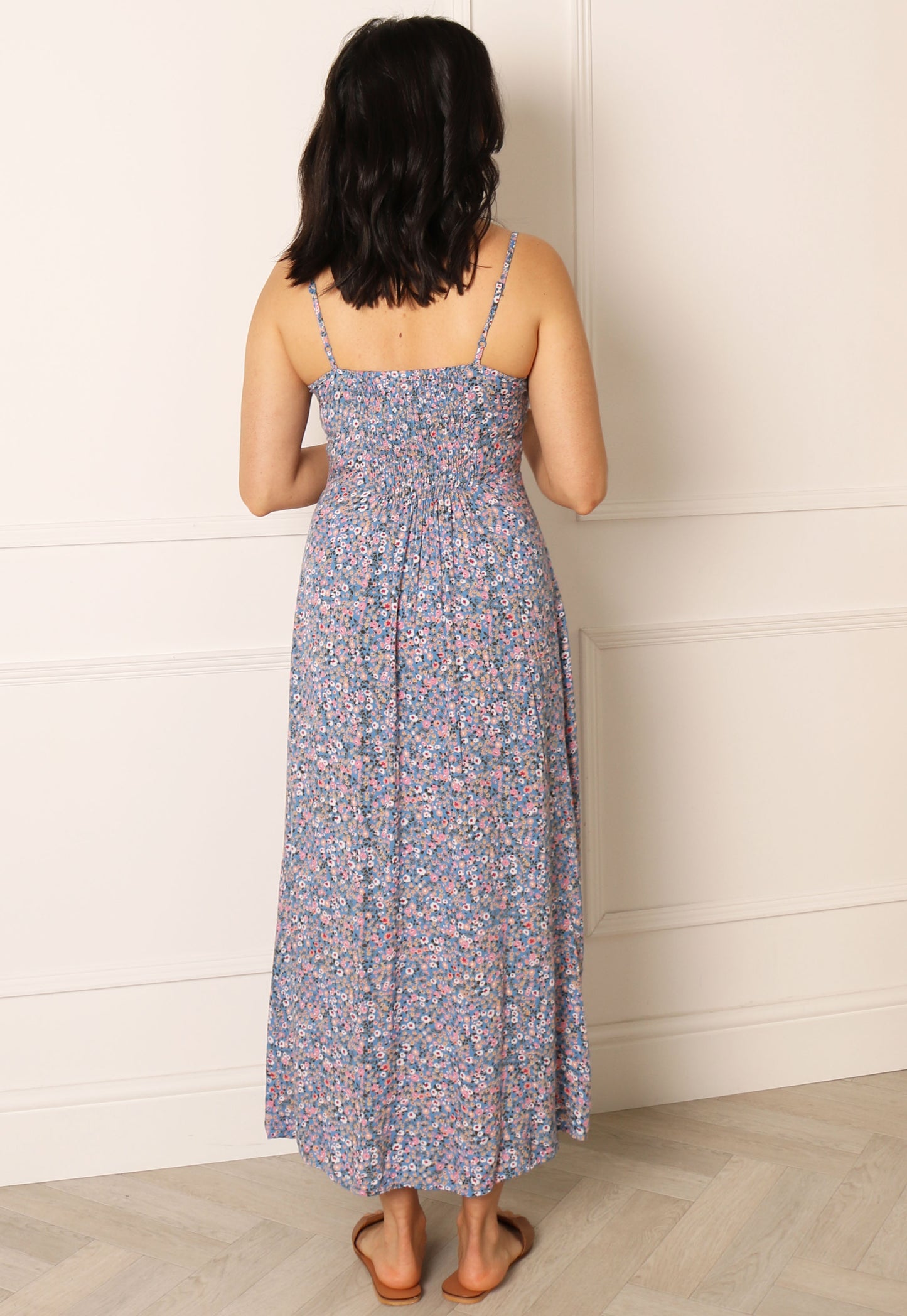 PIECES Nyx Strappy Ditsy Floral Print Midi Dress in Blue & Pink - One Nation Clothing