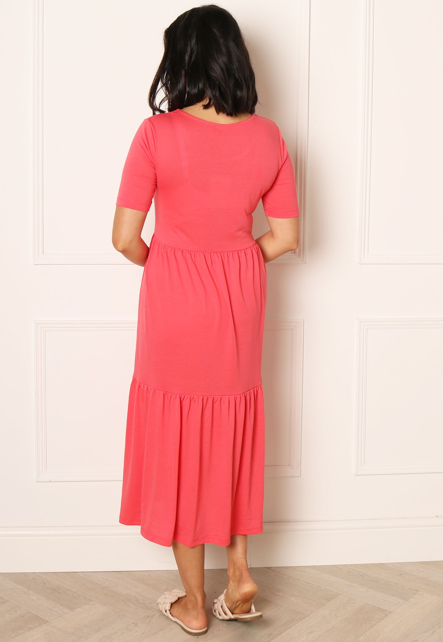 
                  
                    JDY Tiered Jersey Midi Summer Dress in Coral Pink - One Nation Clothing
                  
                