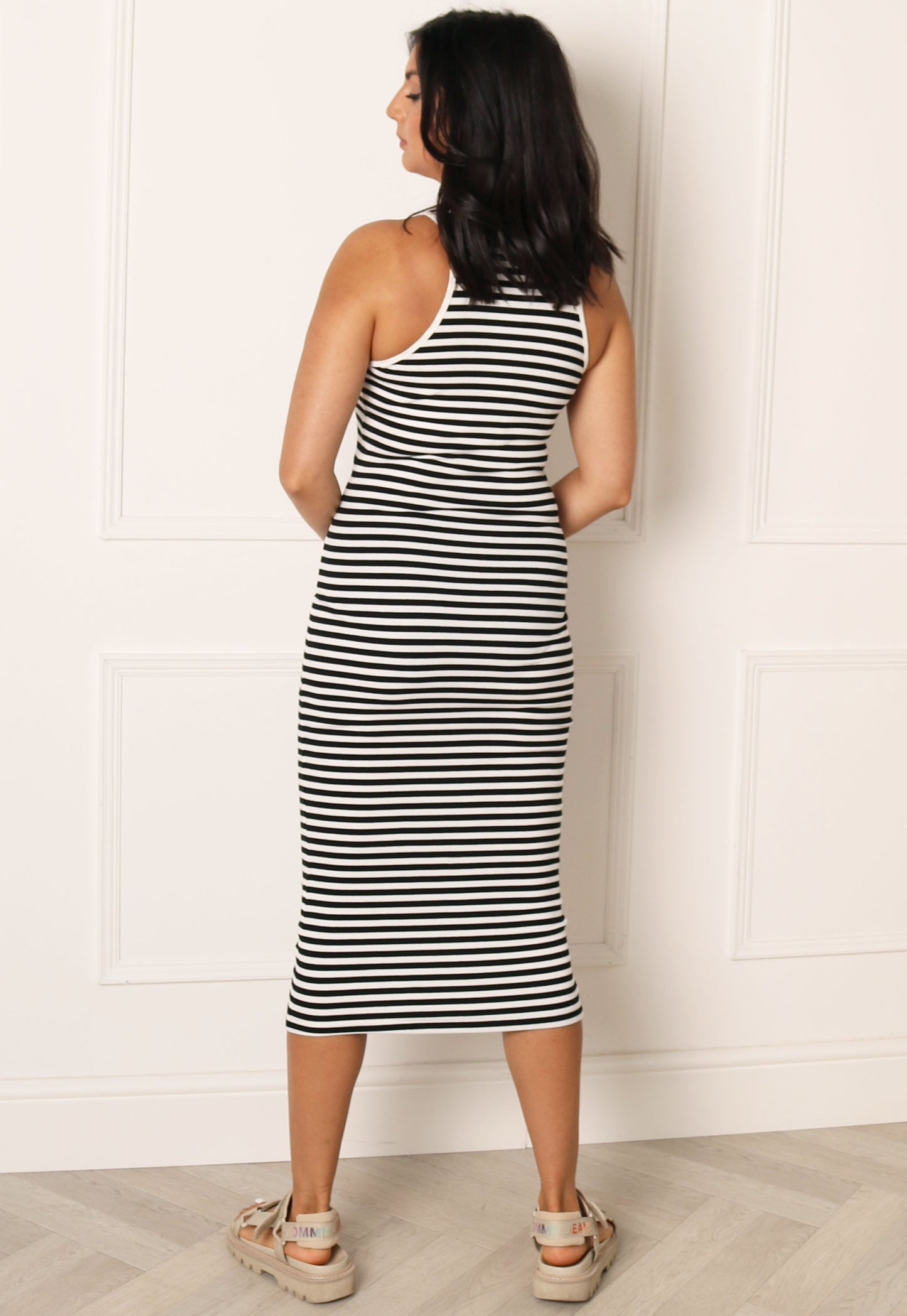 
                  
                    ONLY Any Stripe Ribbed Jersey Midi Sun Dress with Racer Neckline in White & Black - One Nation Clothing
                  
                