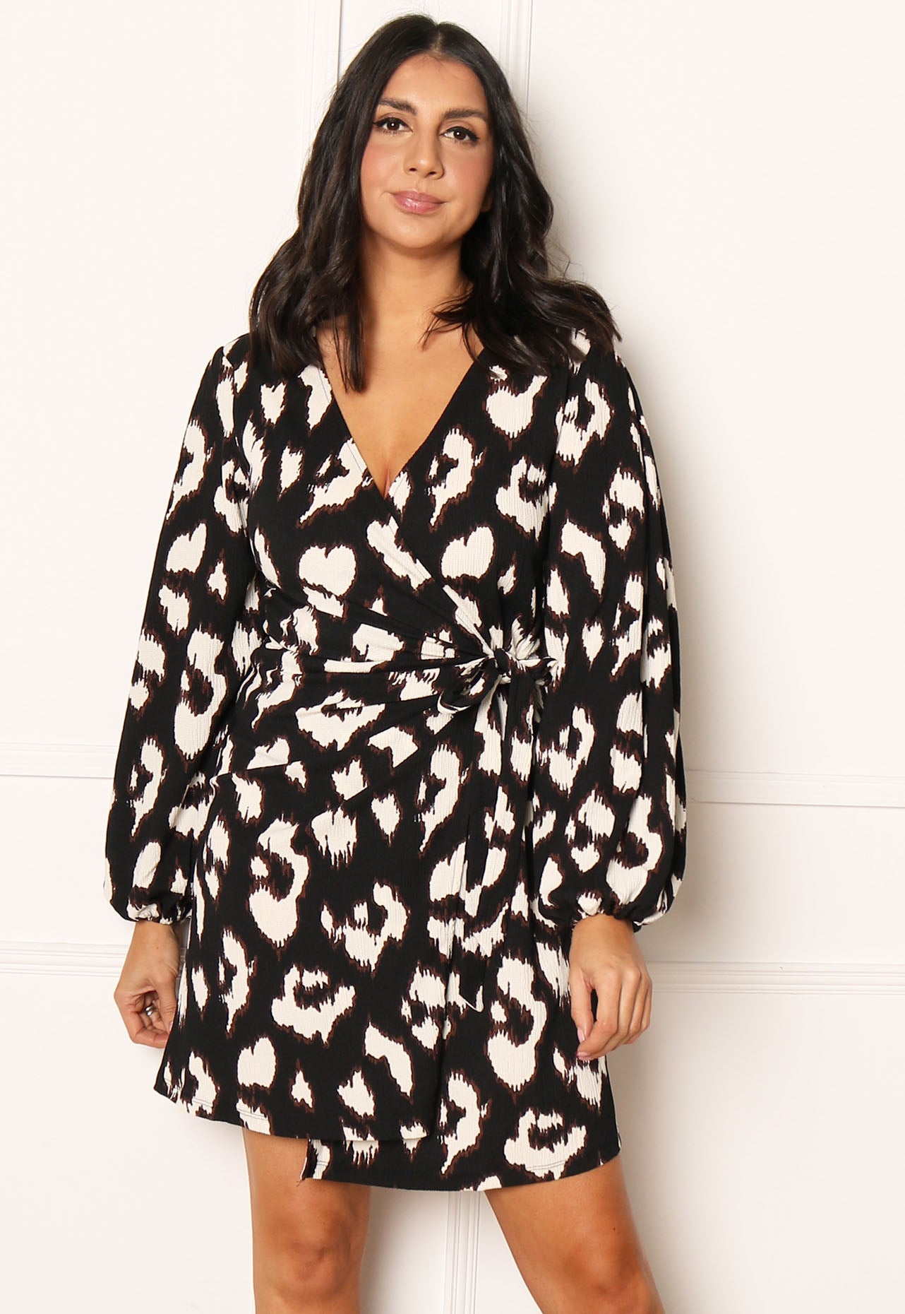 
                  
                    VILA Perry Leopard Print Mini Wrap Dress in Black, Cream & Brown - One Nation Clothing
                  
                