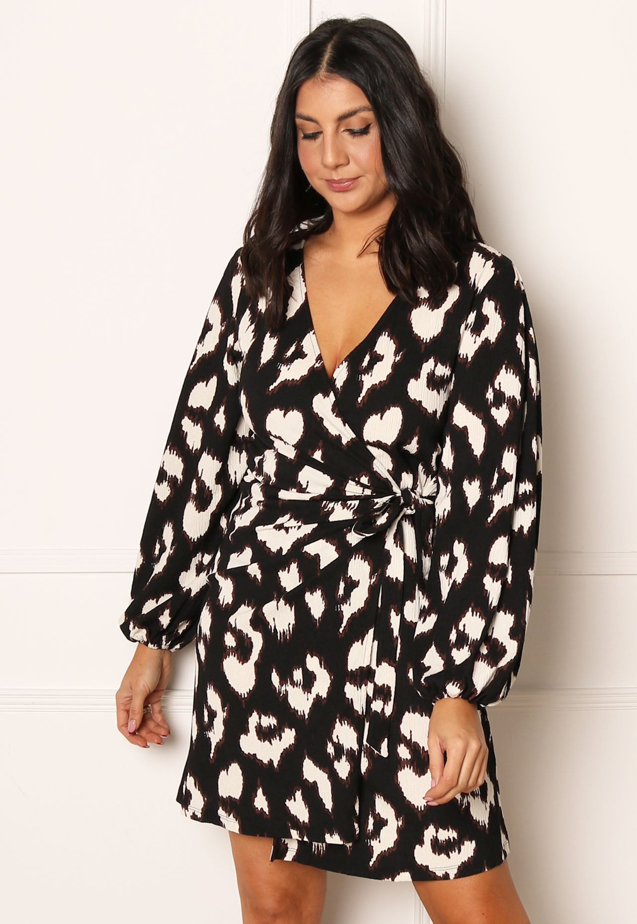 VILA Perry Leopard Print Mini Wrap Dress in Black, Cream & Brown - One Nation Clothing
