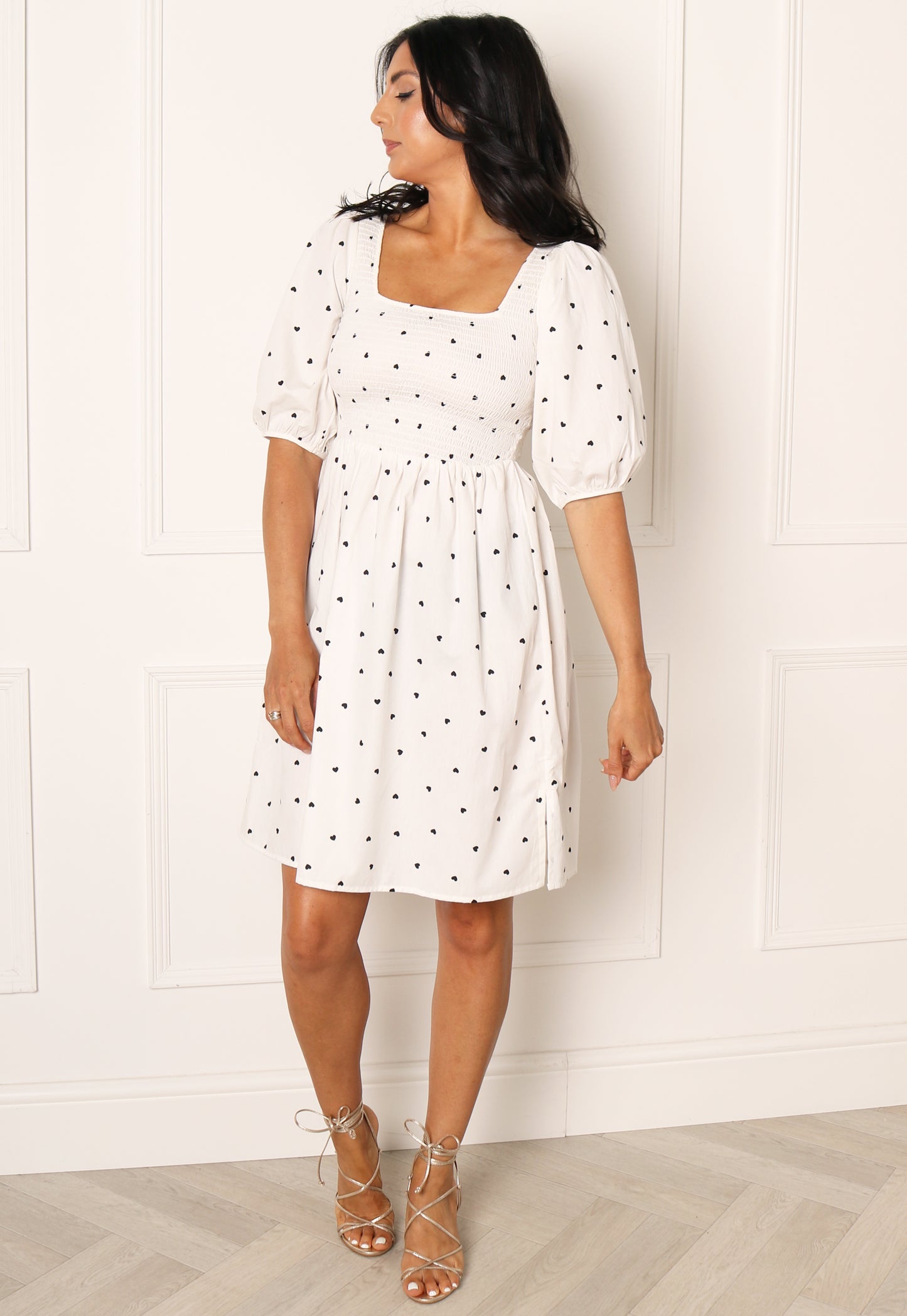 
                  
                    ONLY Brooklyn Heart Print Shirred Top Cotton Mini Dress in White & Black - One Nation Clothing
                  
                