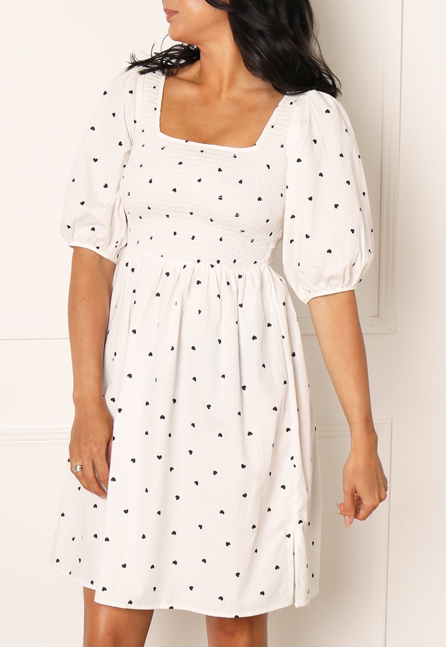ONLY Brooklyn Heart Print Shirred Top Cotton Mini Dress in White & Black - One Nation Clothing
