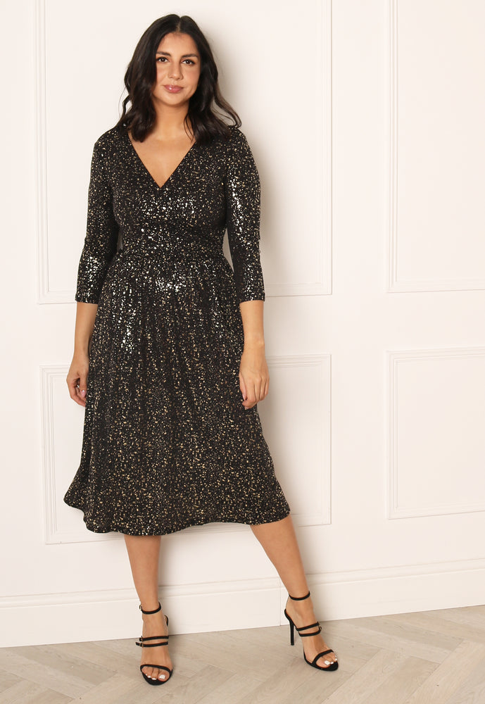 ONLY Pella Splatter Print Three Quarter Sleeve Midi Wrap Dress in Black with Gold Foil - One Nation Clothing