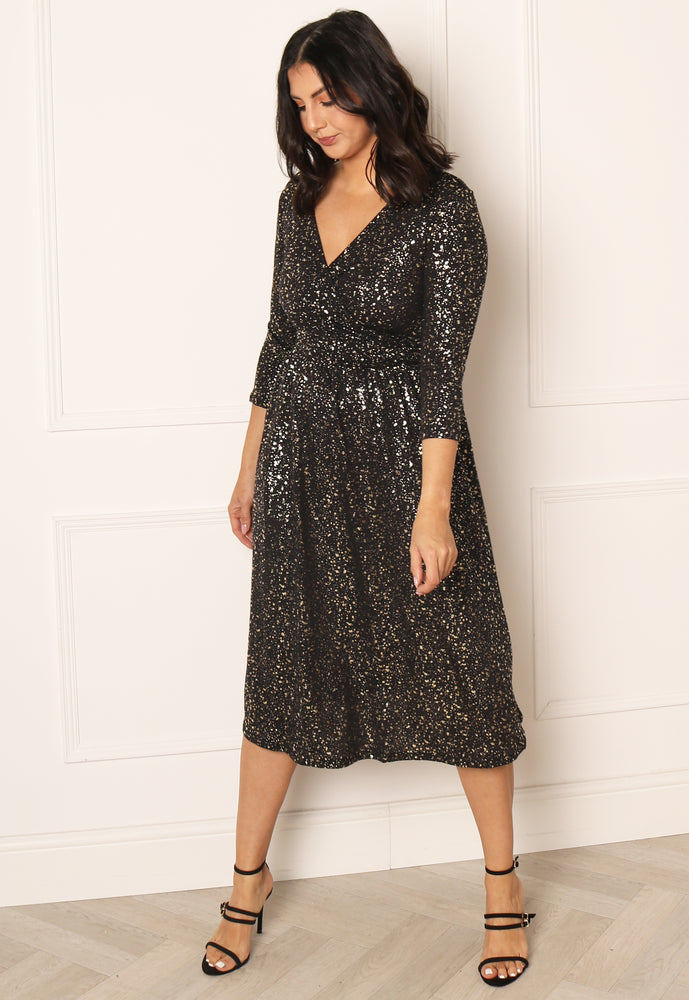 ONLY Pella Splatter Print Three Quarter Sleeve Midi Wrap Dress in Black with Gold Foil - One Nation Clothing