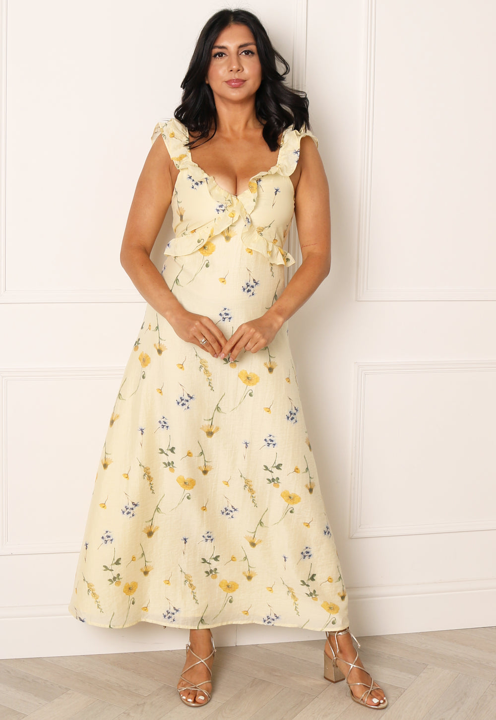 VERO MODA Backless Floral Frill Midi Dress in Lemon Yellow | One Nation Clothing VERO MODA Adeline Backless Frill Detail Midi in Lemon Yel
