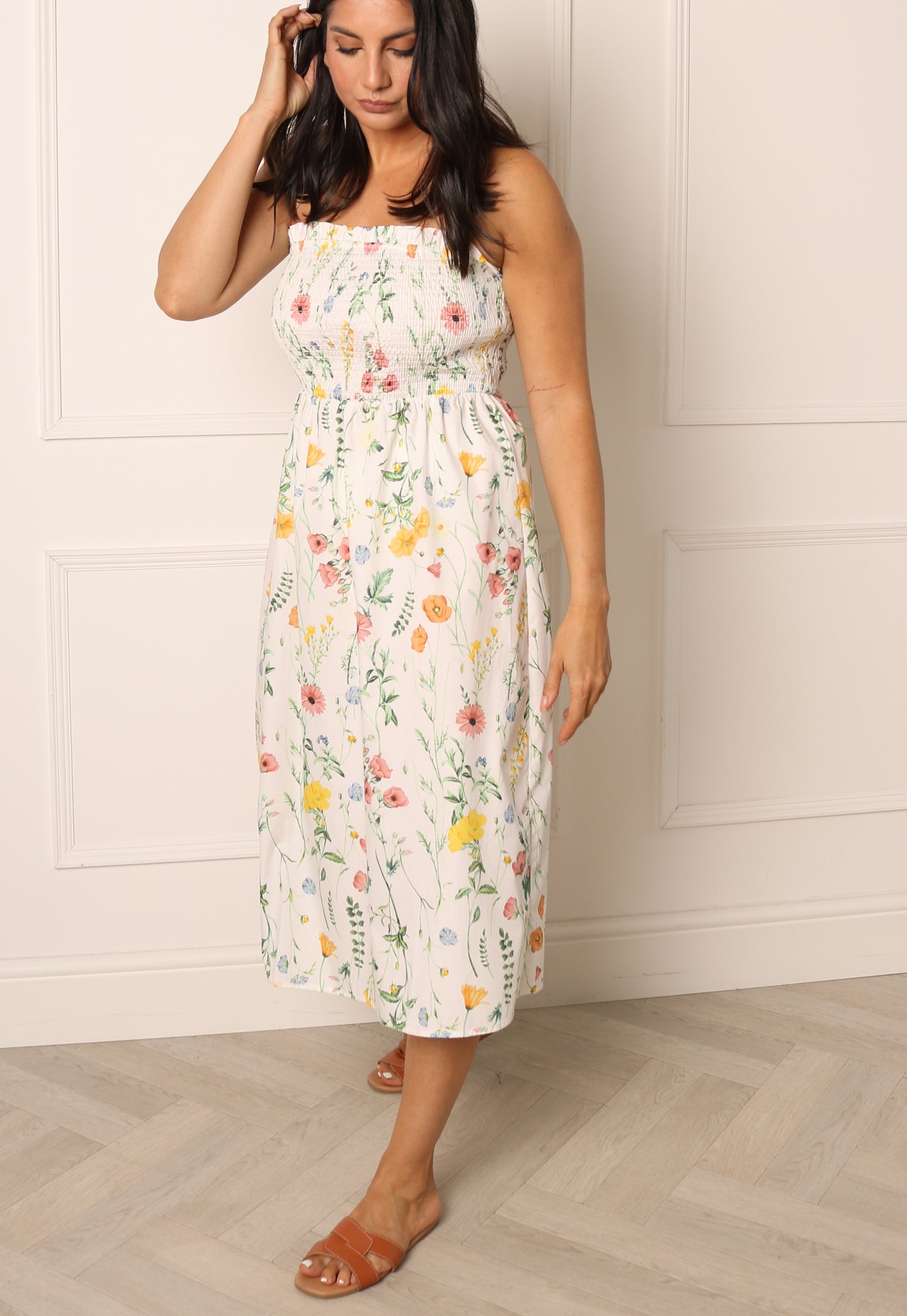 VILA Capro Floral Shirred Bandeau Cotton Midi Sun Dress in White, Yellow & Pink Tones - One Nation Clothing